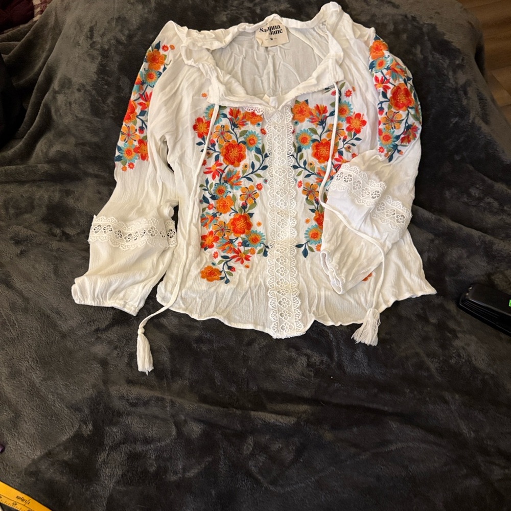 Stunning Boho Chic Savanna Jane White Blouse with Colorful Floral Embroidery